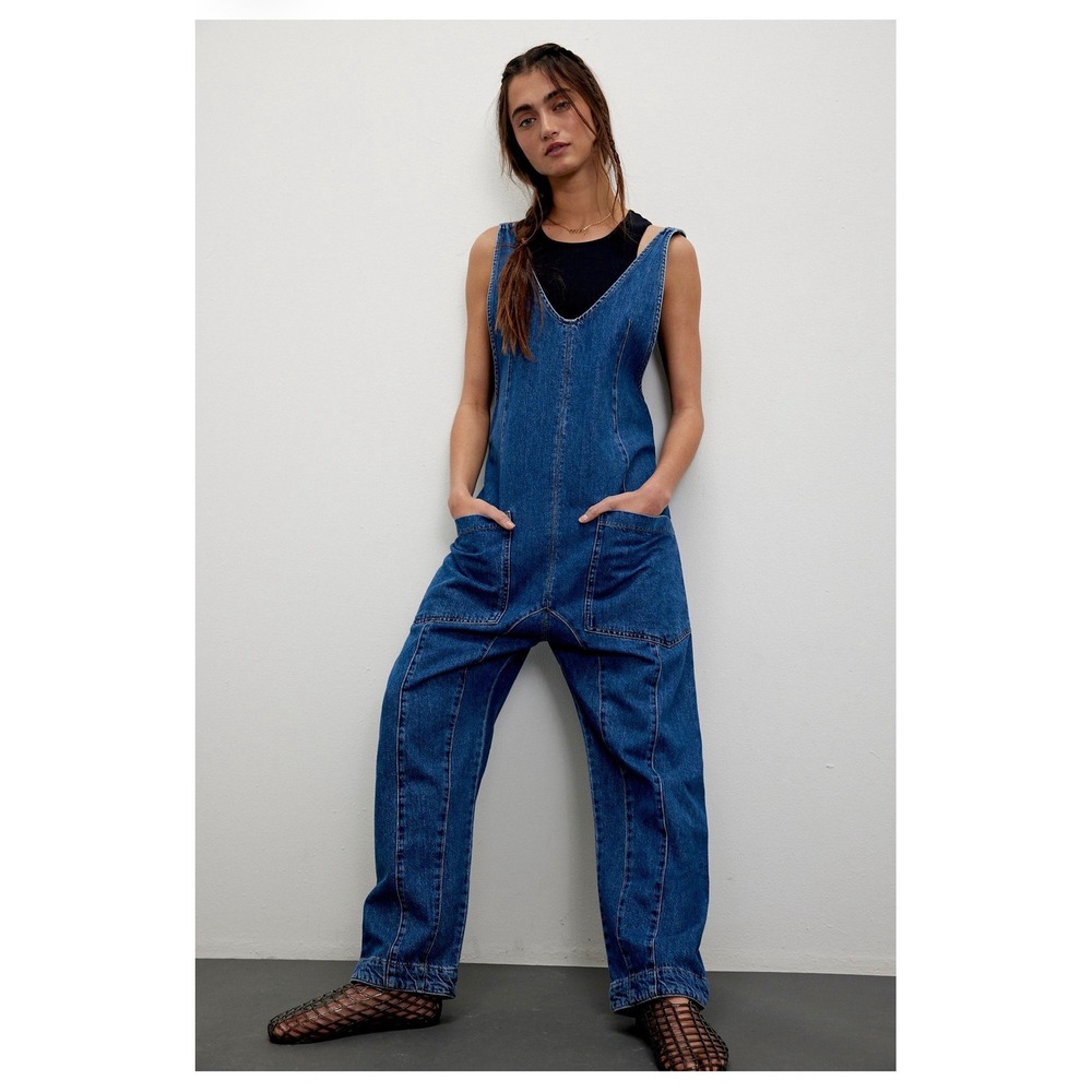 We The Free Free People high roller Jumpsuit Denim Overalls Small sapphire blue